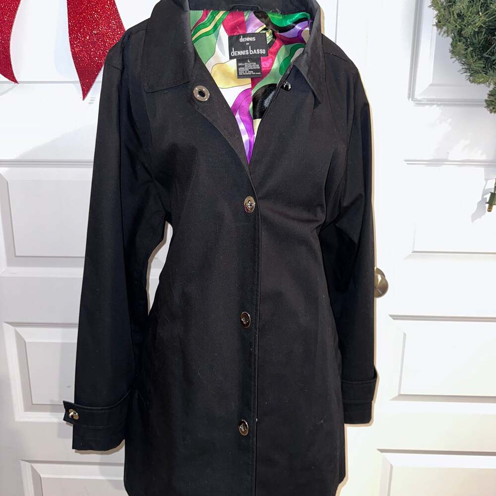 Dennis Basso Water Resistant Button Front Rain Jacket with Printed Lining